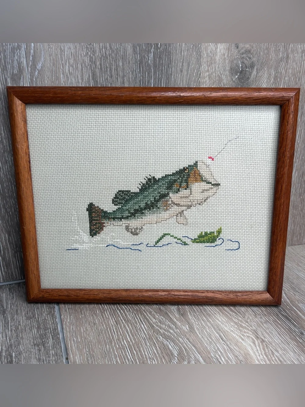 Handmade Largemouth Bass Cross Stitch • Rustic Cabin Wall Art • Framed Fishing